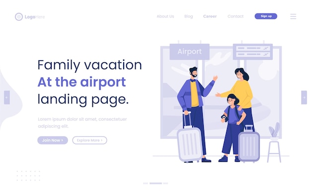 Family vacation at the airport illustration landing page design