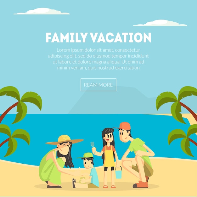 Family vacation banner template happy parents and their children on tropical beach elemento di design può essere utilizzato per landing page mobile app wallpaper vector illustration in flat style