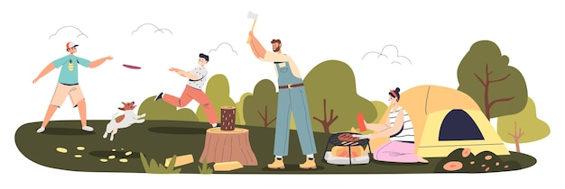 Family on vacation camping and picnic in forest with kids playing with dog, mom cooking dinner on camp fire and dad chopping woods. Active leisure summer concept. Cartoon flat vector illustration