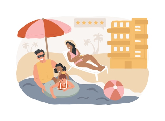 Family vacation isolated concept vector illustration Allinclusive hotel family adventure beach holiday national park weekend trip summer camping sea shore diving vector concept