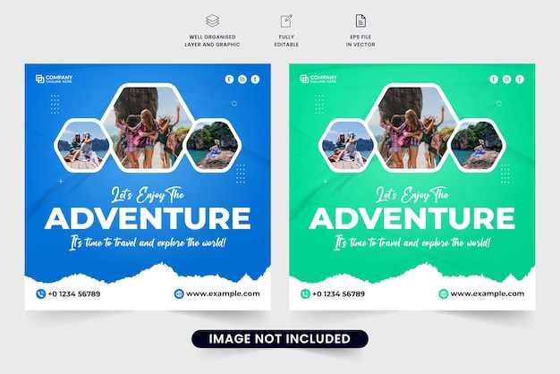 Family vacation planner and tour management agency promotional web banner Tour and travel social media post vector with blue and green colors Travel agency advertisement template for marketing