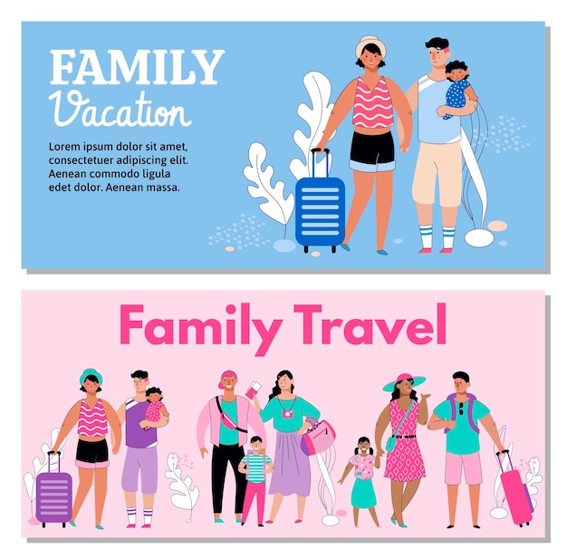 Modello dell'insegna di viaggio di vacanza in famiglia impostato con persone turistiche dei cartoni animati