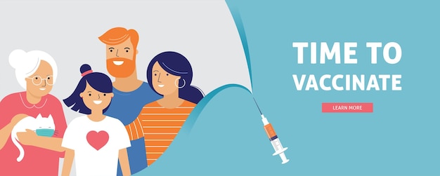 Концепция семейной вакцинации. пора вакцинировать баннер - шприц с вакциной от covid-19, гриппа