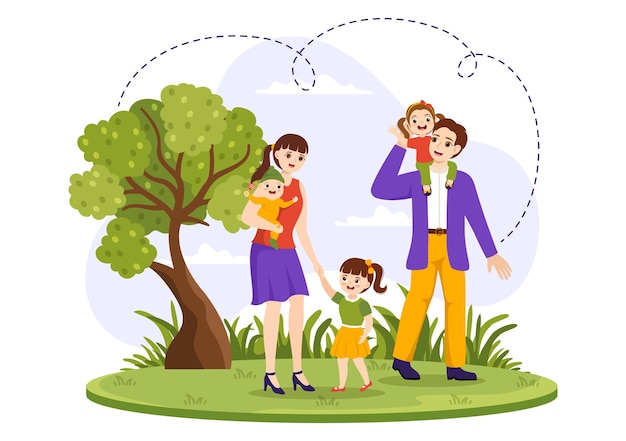 Family values illustration of mother father and kids by side with each other in love and happiness