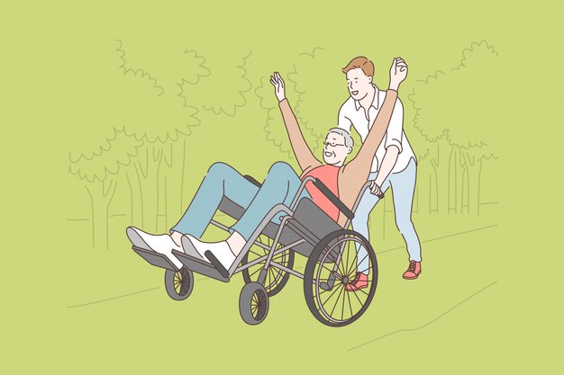 Famiglia, volontariato, disabilità, illustrazione di cura