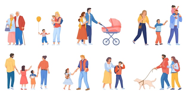 ベビーカーで家族の散歩 大人の子供と犬の父と一緒に歩く両親 散歩する赤ちゃん 乳母車の男の子 ランファン 親 母 散歩 シンプルな子供 一緒におしゃれなベクトル イラスト