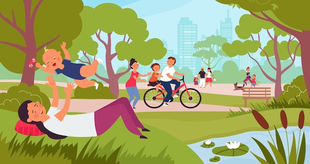 Vector family walking in park kids with father children walk with parents woman play daughter in city garden happy parenthood decent vector concept