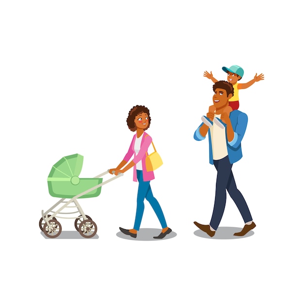 Family Walking with Childrens Cartoon Vector