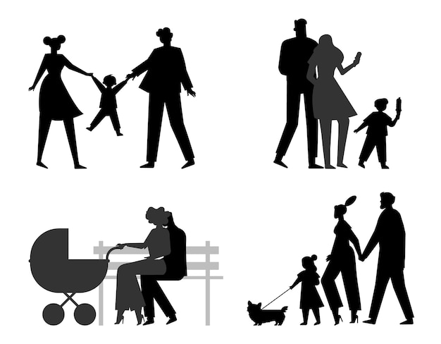 Family walking with couples or children's isolated vector silhouettes