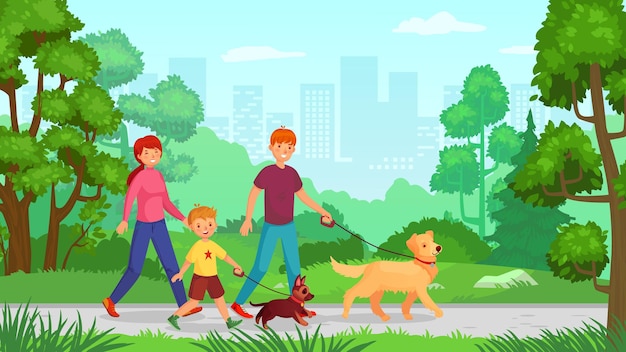 Vector family walking with dog