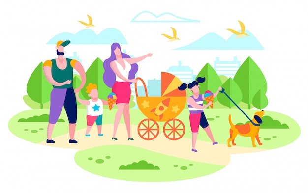 Family Walking with Kids in City Park Flat Vector