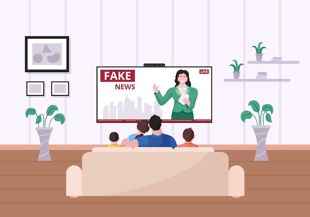 Family watching fake news sitting on sofa in living room. Parent couple and children sitting on couch spending evening time together enjoy daily tv media program vector illustration
