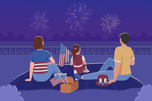 Famiglia che guarda i fuochi d'artificio per l'illustrazione a colori piatta del 4 luglio. celebrazione del giorno dell'indipendenza