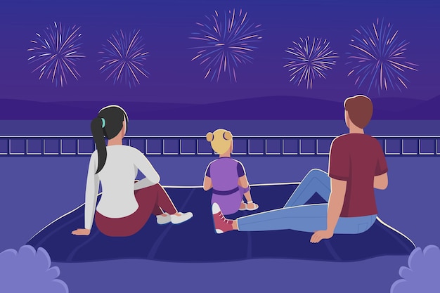 Family watching fireworks flat color vector illustration. Mother, father and kid sit on blanket. Picnic during summer. Parents with child 2D cartoon characters with nighttime landscape on background