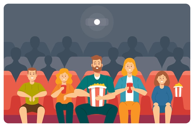 Vector family watching movie at cinema. young mother, father, daughter and son with pop corn enjoying film at movie theatre