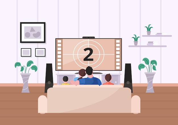 Vector family watching movie sitting on sofa in home living-room