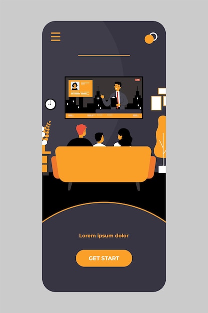 family watching news in living room on mobile app