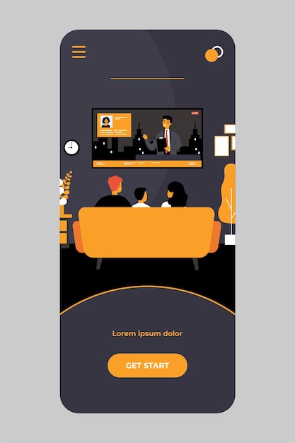 Vettore famiglia che guarda le notizie in soggiorno sull'app mobile