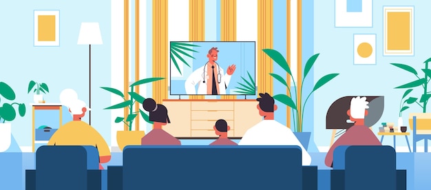 家族のテレビ画面で男性医師とのオンラインビデオ相談を見てヘルスケアの遠隔医療医療のアドバイスのコンセプト