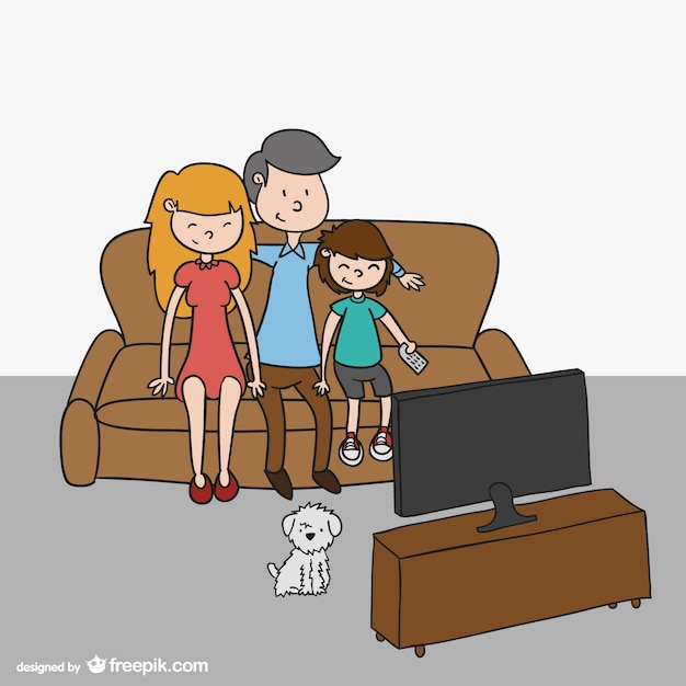 Family watching tv cartoon