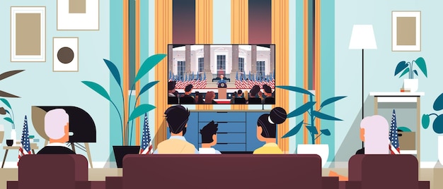 家族がテレビ大統領民主党の勝者を見て、米国大統領選挙の男性がトリビューンからスピーチをしている米国の就任式の日の概念の水平方向の肖像画のベクトル図