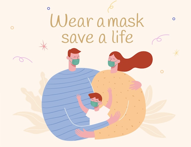 Family wear face mask illustration