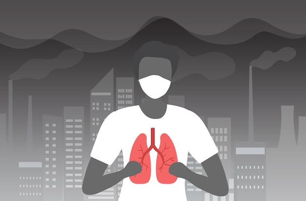 Famiglia che indossa maschere facciali per proteggere il fumo pm 25 polvere e inquinamento atmosferico nei tubi delle fabbriche della città