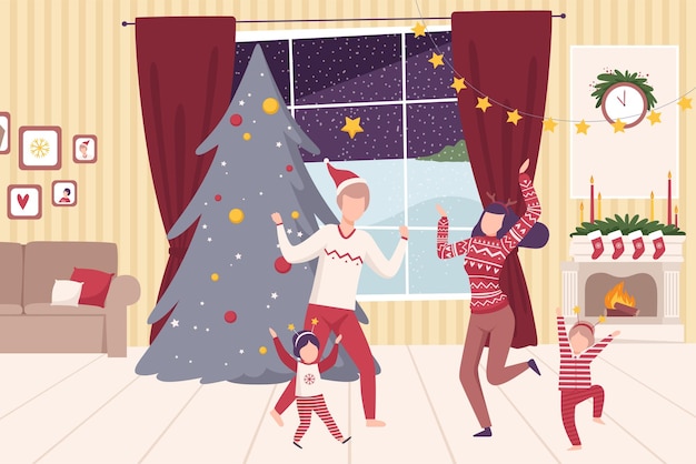 Vector family wearing holiday attributes dancing near the christmas tree vector illustration