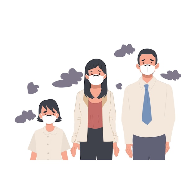 Famiglia che indossa maschere sui loro volti a causa dell'inquinamento da fumo persone che proteggono la salute dall'inquinamento della città illustrazione vettoriale dei cartoni animati piatti