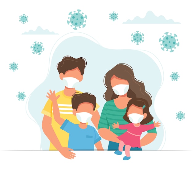 Family wearing medical masks, covid-19 virus prevention.