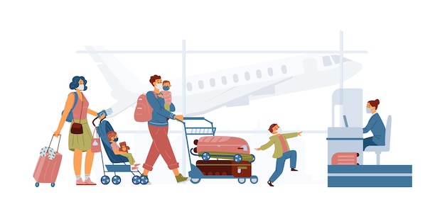 Family wearing protective masks in airport near check in stand. mother with baby stroller, father holding child with cart with lugguage. travel during pandemic concept.