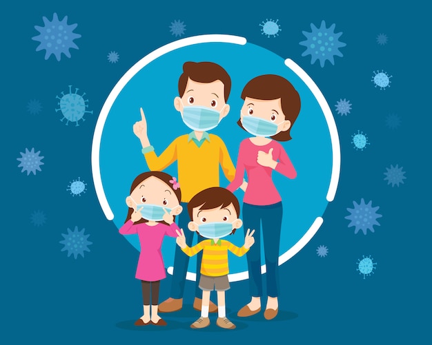Family wearing protective Medical mask for prevent virus.Dad Mom Daughter Son wearing a surgical mask.