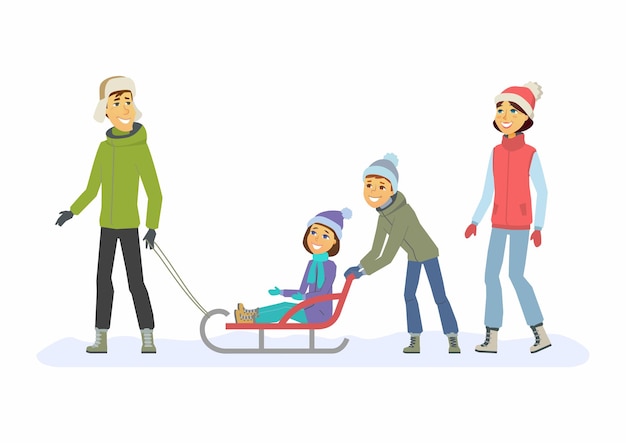 Vector family weekend - cartoon people characters illustration. concept of winter outdoor activity, new year, christmas, weekend. smiling mother and father with children go for a walk and sledge