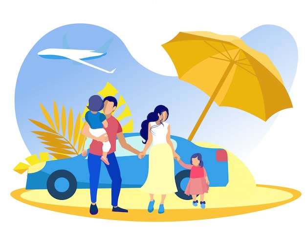 Family with Boy and Girl on Beach under Umbrella.