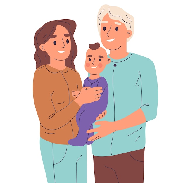 生まれたばかりの赤ちゃんフラット漫画ベクトル図を白で運ぶ子ママとパパと家族