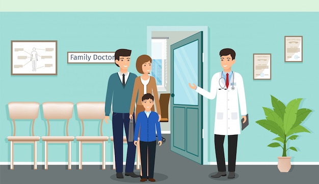 family with child near a doctor's consultation in clinic office. doctor in uniform and family of patients characters