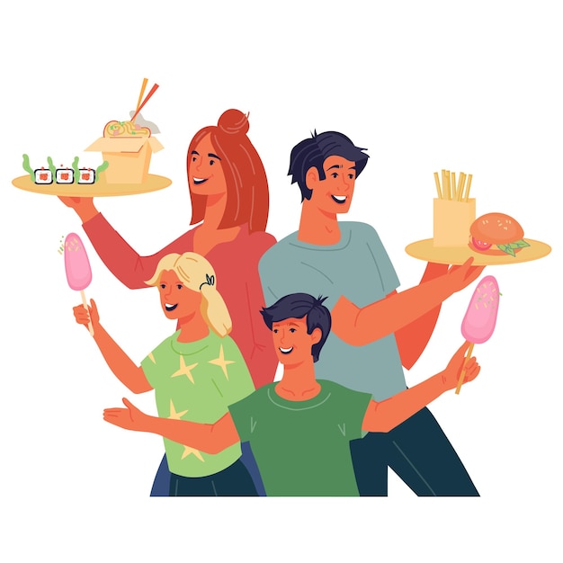 Vector family with children holding trays with fast food restaurant meals flat vector isolated