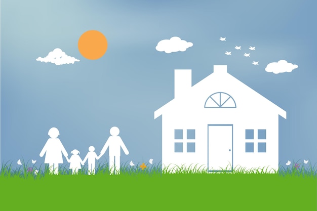 Family with children in the house Couple standing outside new home flat design style