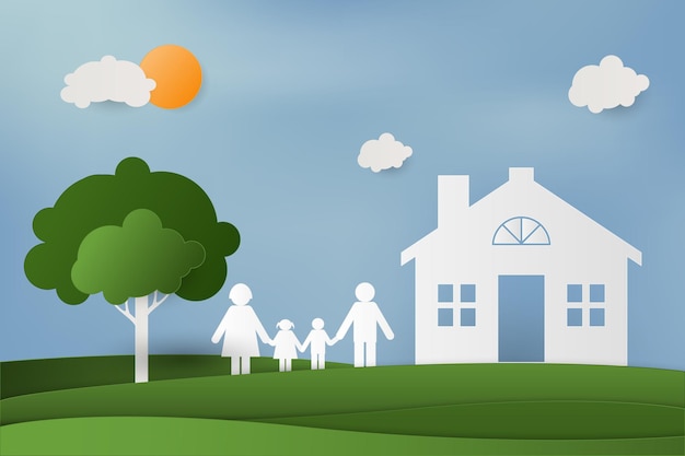 Family with children in the house Couple standing outside new home paper art and craft style