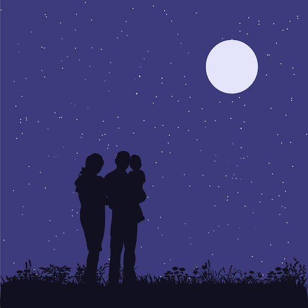 Family with children in the park silhouette moon