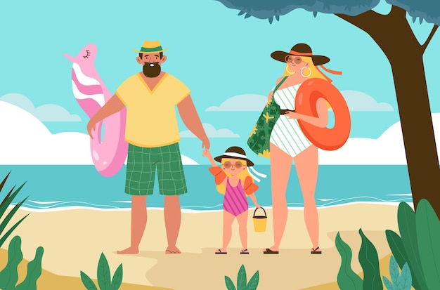 Family with daughter in swimsuits in seascape cartoon flat vector illustration