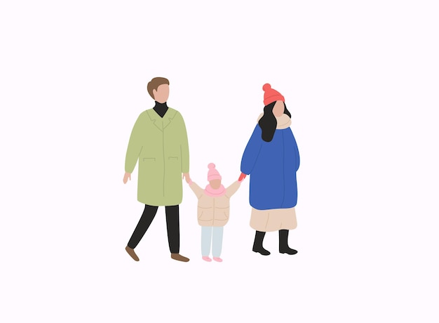 Семья с ребенком в теплой одежде плоские векторные иллюстрации Зимний сезон на открытом воздухе
