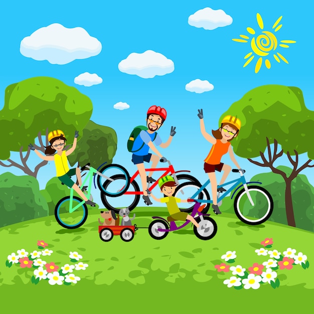 Family with kids concept of cycling in the park.