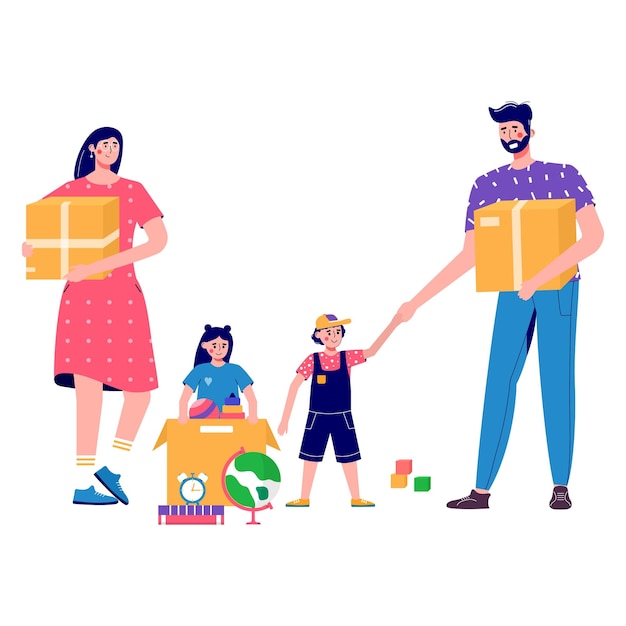 Family with kids moves new home house People moving and collect supplies in boxes Man and woman cartoon characters packing belongings Young couple unpacking concept delivery relocation move box