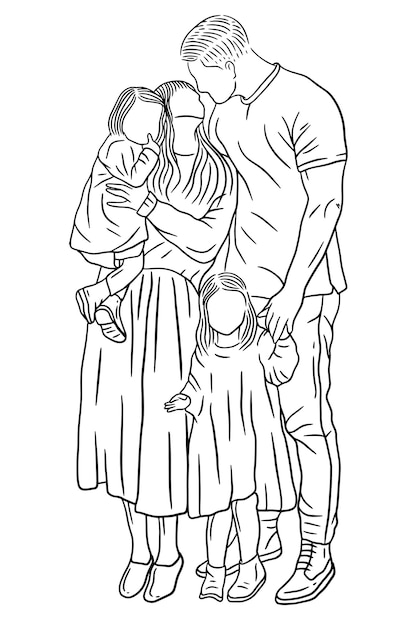 Family With Love Happy Wife and Husband With Baby and Child Line Art illustration