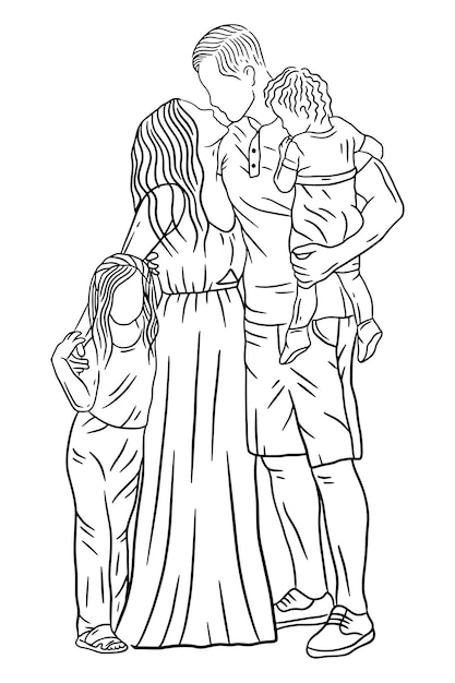 Famiglia con amore felice moglie e marito con bambino e bambino line art illustrazione