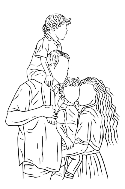 愛のある家族幸せな妻と赤ちゃんと子供と夫の線画イラスト
