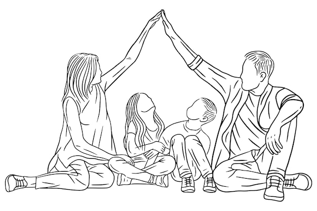 Vector family with love happy wife and husband with baby and child line art illustration