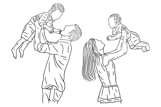 Family With Love Happy Wife and Husband With Baby and Child Line Art illustration