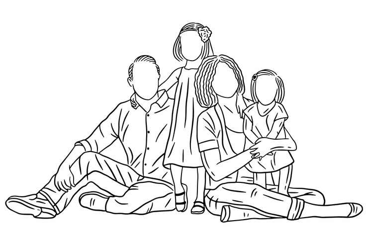Vector family with love happy wife and husband with baby and child line art illustration